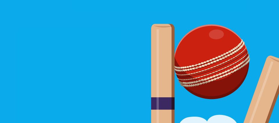 10/10 cricket betting experience. Cricket bat next to a cricket ball forming a styalized 10bet logo.